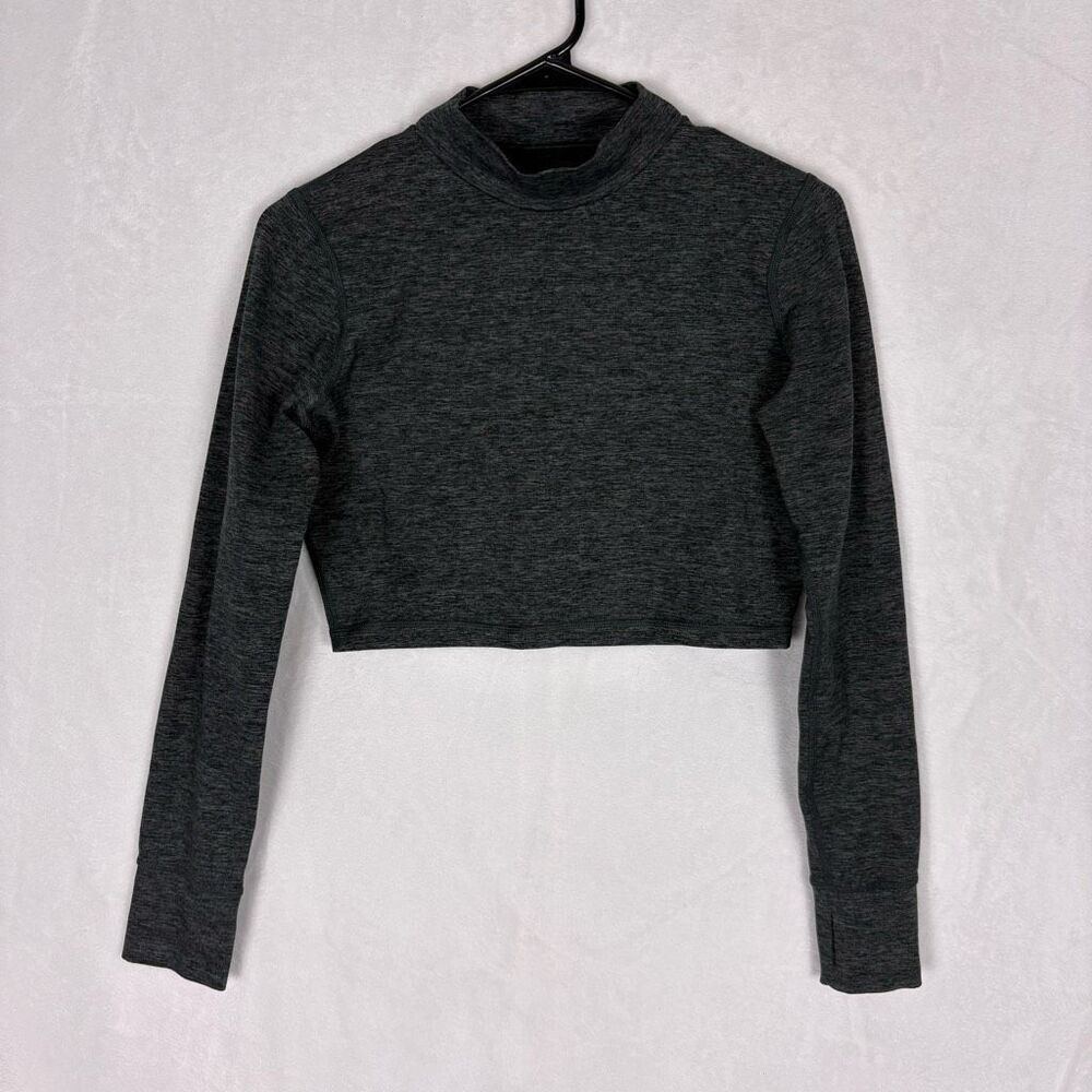 Offline by Aerie Heathered Grey Mock Neck Cropped Workout Long Sleeve Top Size S